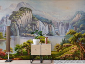 山水連天純手繪藝術油畫背景壁畫圖片素材 效果圖下載 油畫 立體油畫電視背景墻圖大全 電視背景墻編號 17396311