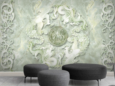 龍鳳呈祥玉雕浮雕3D電視背景墻壁畫
